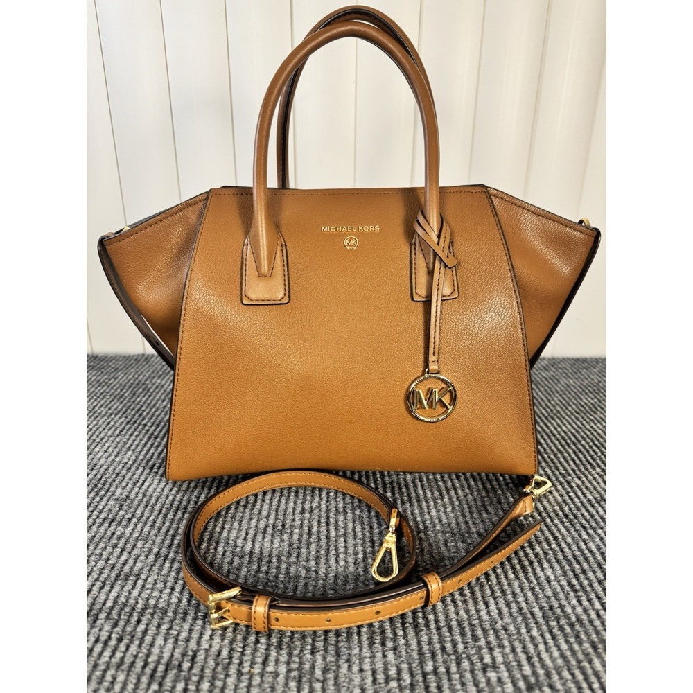 Michael Kors Large Avril Pebbled Brown Leather Satchel Crossbody  Luggage NWOT